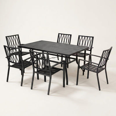 Outdoor Dining Set Built for All Seasons, 7-Piece Black Iron, Stackable Chairs, Umbrella Hole