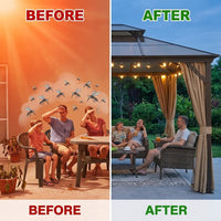 12'X10' Hardtop Gazebo, Aluminum Permanent Pavilion with Polycarbonate Double Roof, Removable Curtains & Mosquito Netting for Patio, Garden, Lawn, Upgrade Your Outdoors (Brown, 12'X10') — Before & After
