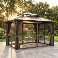 12'X10' Hardtop Gazebo, Aluminum Permanent Pavilion with Polycarbonate Double Roof, Removable Curtains & Mosquito Netting for Patio, Garden, Lawn, Upgrade Your Outdoors (Brown, 12'X10') — Studio Shot