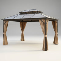 12'X10' Hardtop Gazebo, Aluminum Permanent Pavilion with Polycarbonate Double Roof, Removable Curtains & Mosquito Netting for Patio, Garden, Lawn, Upgrade Your Outdoors (Brown, 12'X10') — Studio Shot