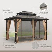 12'X10' Hardtop Gazebo, Aluminum Permanent Pavilion with Polycarbonate Double Roof, Removable Curtains & Mosquito Netting for Patio, Garden, Lawn, Upgrade Your Outdoors (Brown, 12'X10') — infographic