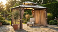 12'X10' Hardtop Gazebo, Aluminum Permanent Pavilion with Polycarbonate Double Roof, Removable Curtains & Mosquito Netting for Patio, Garden, Lawn, Upgrade Your Outdoors (Brown, 12'X10') — Lifestyle