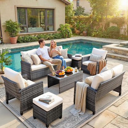 Ainfox 7-Piece Outdoor Wicker Patio Furniture Set,Sectional Conversation Set with 3-Seat Sofa, Loveseat, Coffee Table, Chairs & Ottomans, Gray, Space-Saving Design for Backyard, Porch, Poolside