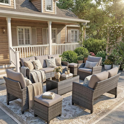 Ainfox 7-Piece Outdoor Wicker Patio Furniture Set,Sectional Conversation Set with 3-Seat Sofa, Loveseat, Coffee Table, Chairs & Ottomans, Gray, Space-Saving Design for Backyard, Porch, Poolside