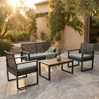 4-Piece Wicker Patio Conversation Set with Cushion, Outdoor Patio Furniture Set with Wood Table Top-Grey Cushions — Studio Shot