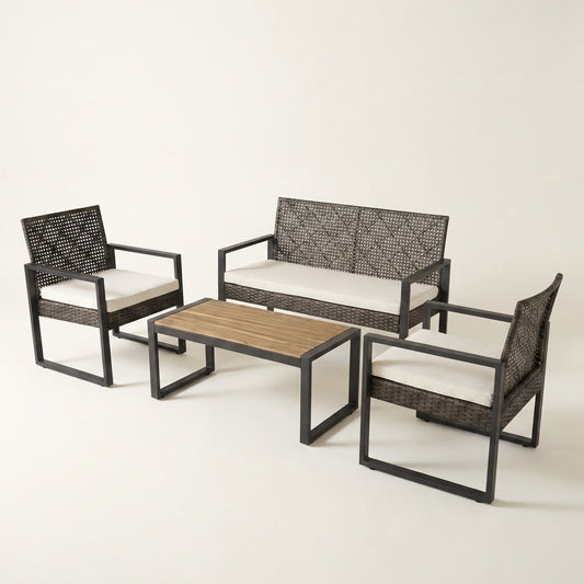 4-Piece Wicker Patio Conversation Set with Cushion, Outdoor Patio Furniture Set with Wood Table Top-Grey Cushions — Studio Shot