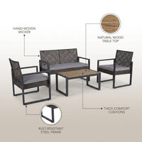 4-Piece Wicker Patio Conversation Set with Cushion, Outdoor Patio Furniture Set with Wood Table Top-Grey Cushions — infographic