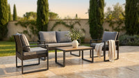 4-Piece Wicker Patio Conversation Set with Cushion, Outdoor Patio Furniture Set with Wood Table Top-Grey Cushions — Lifestyle