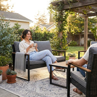 4-Piece Wicker Patio Conversation Set with Cushion, Outdoor Patio Furniture Set with Wood Table Top-Grey Cushions — Lifestyle