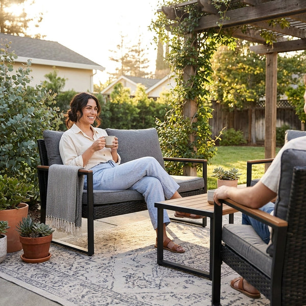 Patio Conversation Set Designed for Outdoor Entertaining, Acacia Wood Table, Wicker Seating, Grey Cushions