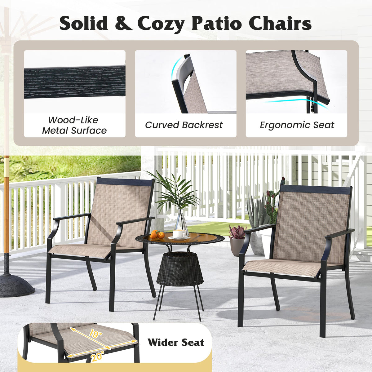 4 Piece Patio Dining Chairs Large Outdoor Chairs with Breathable Seat and Metal Frame