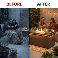 51 In. Retangular Fire Pit Table with Metal Table Top Outdoor Fire Pit Table in Brown Wood Grain — Before & After
