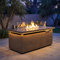 51 In. Retangular Fire Pit Table with Metal Table Top Outdoor Fire Pit Table in Brown Wood Grain — Studio Shot