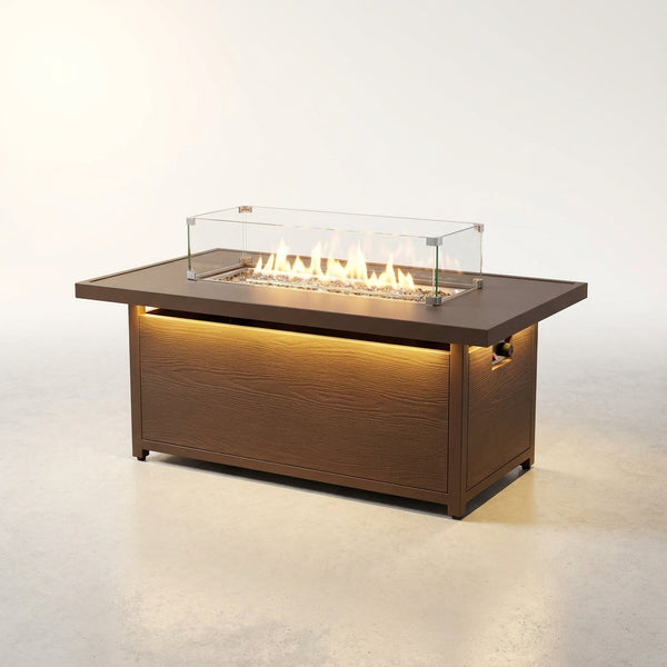 51 In. Retangular Fire Pit Table with Metal Table Top Outdoor Fire Pit Table in Brown Wood Grain — Studio Shot