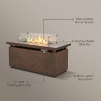 51 In. Retangular Fire Pit Table with Metal Table Top Outdoor Fire Pit Table in Brown Wood Grain — infographic