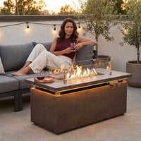 51 In. Retangular Fire Pit Table with Metal Table Top Outdoor Fire Pit Table in Brown Wood Grain — Lifestyle