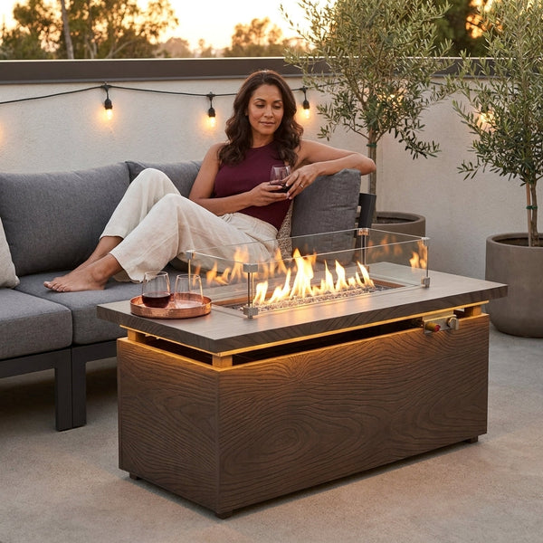 Rectangular Fire Pit Table Built for Outdoor Entertaining, Metal Top, CSA Certified, LED Lighting, 51 Inches