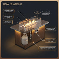 51 In. Retangular Fire Pit Table with Metal Table Top Outdoor Fire Pit Table in Brown Wood Grain — How It Works
