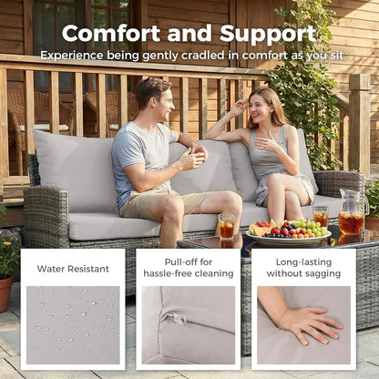 Ainfox 7-Piece Outdoor Wicker Patio Furniture Set,Sectional Conversation Set with 3-Seat Sofa, Loveseat, Coffee Table, Chairs & Ottomans, Gray, Space-Saving Design for Backyard, Porch, Poolside