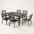 Outdoor Dining Set Built for All Seasons, 7-Piece Black Iron, Stackable Chairs, Umbrella Hole