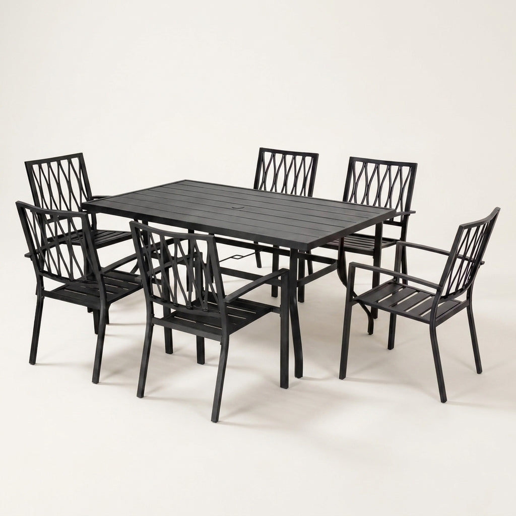7-Piece Black Iron Outdoor Dining Set — Studio Shot