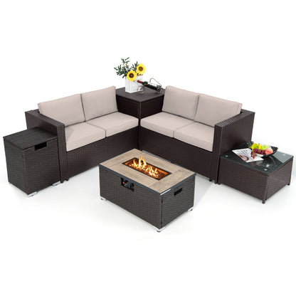 6 Pieces Outdoor Wicker Furniture Set with 32 Inch Propane Fire Pit Table