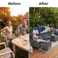 Outdoor Patio Conversation Set Built for Year-Round Comfort, 6-Piece Set, Steel Frame, High-Density Cushions — Before & After