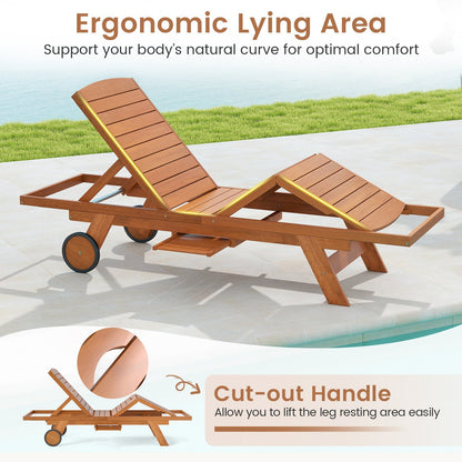 Outdoor Chaise Lounge Chair with Wheels 4-Position Patio Wood Recliner with Adjustable Backrest