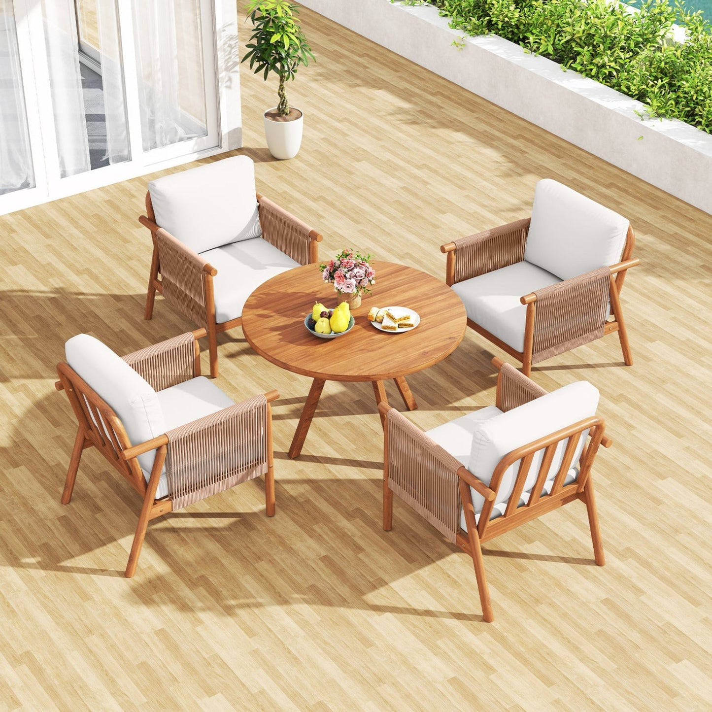 Patio Acacia Wood Chair Set of 4 with Woven Rope Armrests and Seat Back Cushions for Backyard
