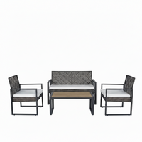 Patio Conversation Set Designed for Outdoor Entertaining, Acacia Wood Table, Wicker Seating, Grey Cushions
